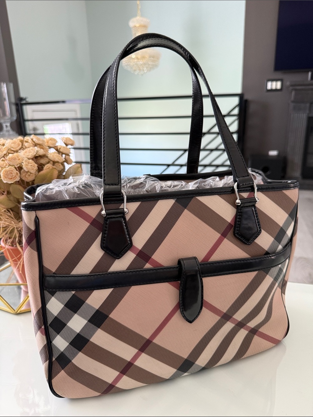 Burberry Beige Plaid Tote with Black Leather Trim